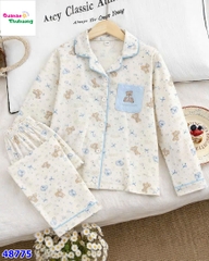 Pyjama dài trắng gấu viền xanh