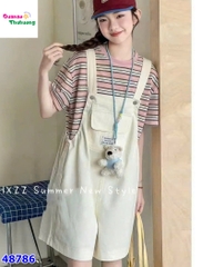 Set quần yếm trắng, áo sọc hồng