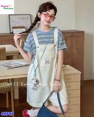 Set quần yếm trắng, áo sọc xanh