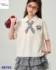 Set áo polo trắng cún, váy caro xanh