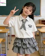 Set áo polo trắng cún, váy caro xanh