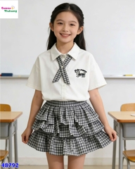 Set áo polo trắng cún, váy caro xanh
