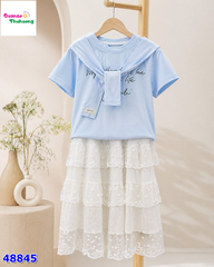 Set áo xanh Glandi, váy trắng đính hạt