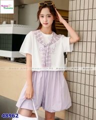 Set áo trắng Goldy choang khăn, quần bí tím