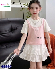 Set Liebe áo giả yếm hồng, chân váy trắng ren