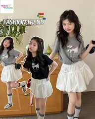 Set DDH áo xám in cún, chân váy bí trắng