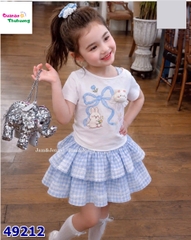 Set váy J&J caro xanh, áo trắng thỏ