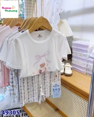 Bộ Tencel T trắng nơ tím gấu quần hoa