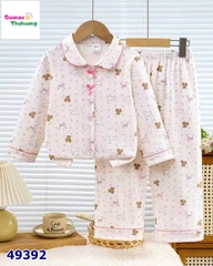 Pyjama Qke cổ sen hồng cún và gấu đính nơ