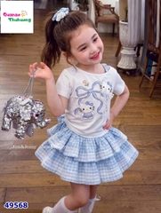 Set J&J trắng Kitty, váy caro xanh