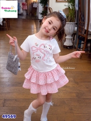 Set J&J trắng Kitty, váy caro hồng