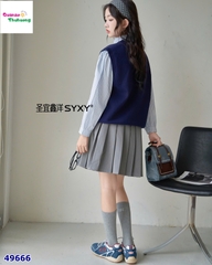 Set Syci áo gile xanh, áo sơmi, chân váy xám