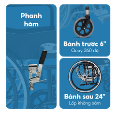 Xe lăn tiêu chuẩn Lucass X75 gấp gọn 28cm có phanh tay