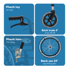 Xe lăn tiêu chuẩn Lucass X96 Ghế rộng 51cm Có Phanh tay Gấp gọn chân