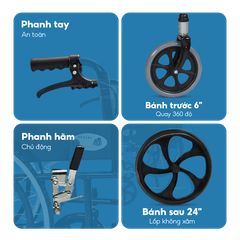 Xe lăn tiêu chuẩn Lucass X96B Gập gọn Chân Bánh Đúc có Phanh Tay