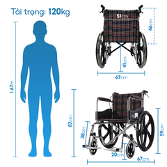 Xe lăn tiêu chuẩn Lucass X96B Gập gọn Chân Bánh Đúc có Phanh Tay
