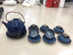 Bộ ấm chén Bát Tràng dáng siêu men hoả biến lòng hoa sen xanh