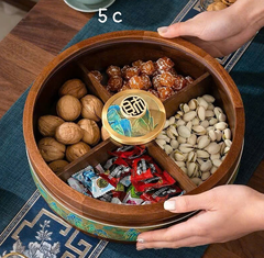 Khay gỗ mứt Tết tròn nắp thủy tinh đế xoay