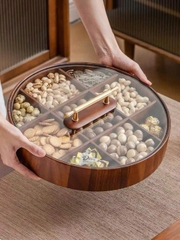 Khay gỗ mứt Tết tròn nắp thuỷ tinh