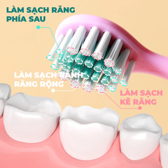 Bàn chải đánh răng cán lượn sóng cho trẻ em, màu hồng và cam.