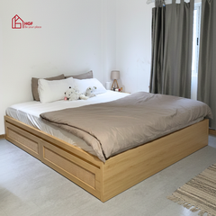 Giường ngủ phối mây MEY HGF 2 hộc kéo, gỗ MDF, 1m6/1m8, GN001