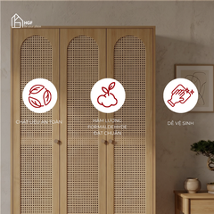 Tủ quần áo phối mây tre TARA HGF 3 cánh, gỗ MDF, 120x60x200cm, TQA012