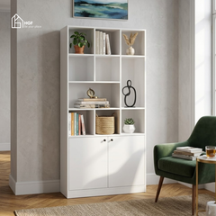 Kệ sách nhiều tầng ILA HGF 10 ngăn 2 cánh, gỗ MDF, 90x39x200cm, KS006