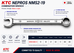 Cờ Lê Tròng Miệng KTC Nepros NMS2-19 Size 19mm – Tráng Gương Dòng Cao Cấp, Chống Trượt Nhật Bản