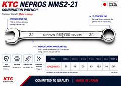 Cờ Lê Tròng Miệng KTC Nepros NMS2-21 Size 21mm – Tráng Gương Dòng Cao Cấp, Chống Trượt Nhật Bản