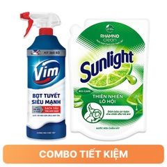 Xịt bọt tuyết siêu mạnh VIM tẩy bồn cầu và nhà tắm và Nước rửa chén Sunlight thiên nhiên lô hội túi 1.9 lít