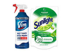 Xịt bọt tuyết siêu mạnh VIM tẩy bồn cầu và nhà tắm và Nước rửa chén Sunlight thiên nhiên lô hội túi 1.9 lít