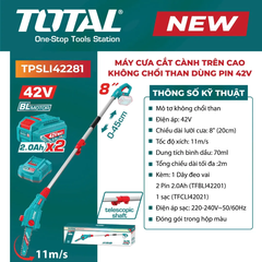 Máy cưa cắt cành trên cao không chổi than dùng pin 42V-TOTAL-TPSLI42281