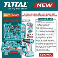 Bộ 166 món bao gồm máy khoan búa TIDLI206681 không chổi than dùng pin 20V -TOTAL-THKTHP41667