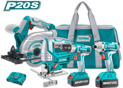 Bộ combo 4 máy gồm cưa đĩa tròn
TSLI1401, 
cưa lọng TJSLI8501, siết vít TIRLI2002 và khoan TDLI20024 
dùng pin 20V-TOTAL-TCKLI2010