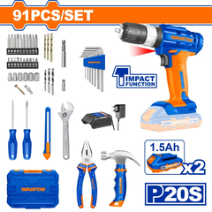 Bộ 91 món dụng cụ gồm Máy khoan búa dùng pin 20V Wadfow  WDT1B90