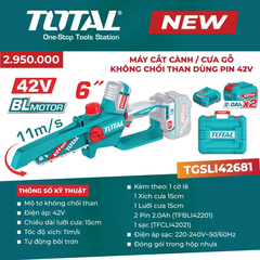 Máy cắt cành/ cưa gỗ không chổi than dùng pin 42V-TOTAL-TGSLI42681