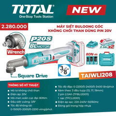 Máy siết buloong góc không chổi than dùng pin 20V-TOTAL-TAIWLI208
