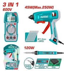 Bộ combo máy bắn keo TT401116,  mỏ hàn chì TET01610
và đồng hồ vạn năng kỹ thuật số TMT5360011-TOTAL-TTCK250716