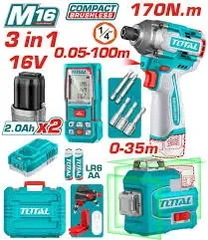 Bộ combo máy siết vít không chổi than TIRLI16171 dùng pin 16V & máy đo mức cân bằng tia laser xanh TLL301200 dùng pin 16V & máy đo khoảng cách tia laser TMT51036-TOTAL-TOSLI250886