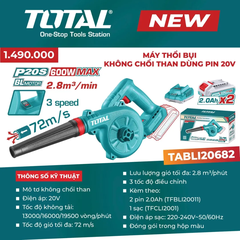 Máy thổi bụi không chổi than dùng pin 20V (không kèm Pin & sạc)-TOTAL-TABLI2068