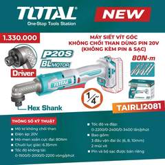 Máy siết buloong góc không chổi than dùng pin 20V (không kèm pin & sạc)-TOTAL-TAIWLI2081