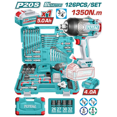 Bộ 126 món bao gồm máy siết buloong TIWLI201351 không chổi than dùng pin 20V-TOTAL-THKTHP31262