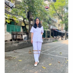 Bộ quần áo blouse trắng cộc tay Nữ - Áo blu trắng trơn xẻ túi chéo dáng ngắn qua hông cho dược sỹ, điều dưỡng, y tá, spa