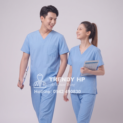 Bộ scrubs bác sĩ Cotton cao cấp màu xanh Hoà Bình - đồng phục bác sĩ, điều dưỡng, dược sĩ, kỹ thuật viên, spa, thẩm mỹ viện