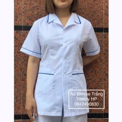 Bộ quần áo blouse trắng có viền xanh cho điều dưỡng, y tá, dược sỹ, thẩm mỹ viện chất Lon Nhật