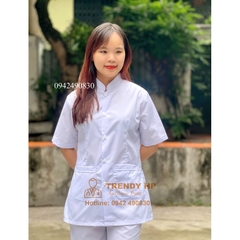 Bộ quần áo blouse trắng trơn Cổ Tàu cho điều dưỡng, y tá, dược sỹ
