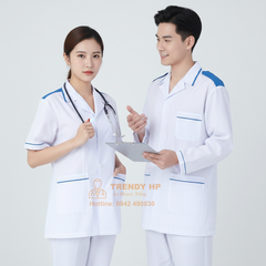 Bộ quần áo blouse trắng viền xanh có cầu vai dành cho thực tập sinh điều dưỡng, dược sĩ, nhân viên y tế