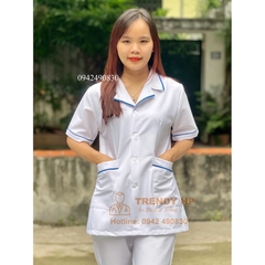 Bộ quần áo blouse trắng dáng ngắn có viền xanh Cotton Cao Cấp cho điều dưỡng, dược sỹ, y tá, thẩm mỹ viện, spa