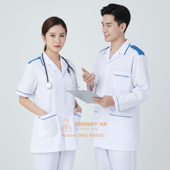 Bộ quần áo blouse trắng viền xanh có cầu vai dành cho thực tập sinh điều dưỡng, dược sĩ, nhân viên y tế