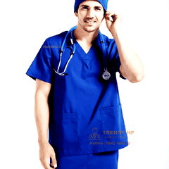 Bộ scrubs bác sĩ Xanh Coban Cotton Cao Cấp - đồng phục kỹ thuật viên spa, nha khoa, phòng khám, đồng phục phòng khám